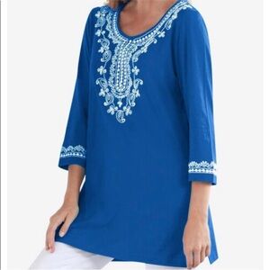 Woman Within Blue Embroidered Tunic Top 1X Boho Peasant Blouse